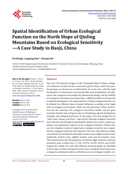 Spatial Identification of Urban Ecological Function on the North Slope of Qinling Mountains Based on Ecological Sensitivity —A Case Study in Baoji, China