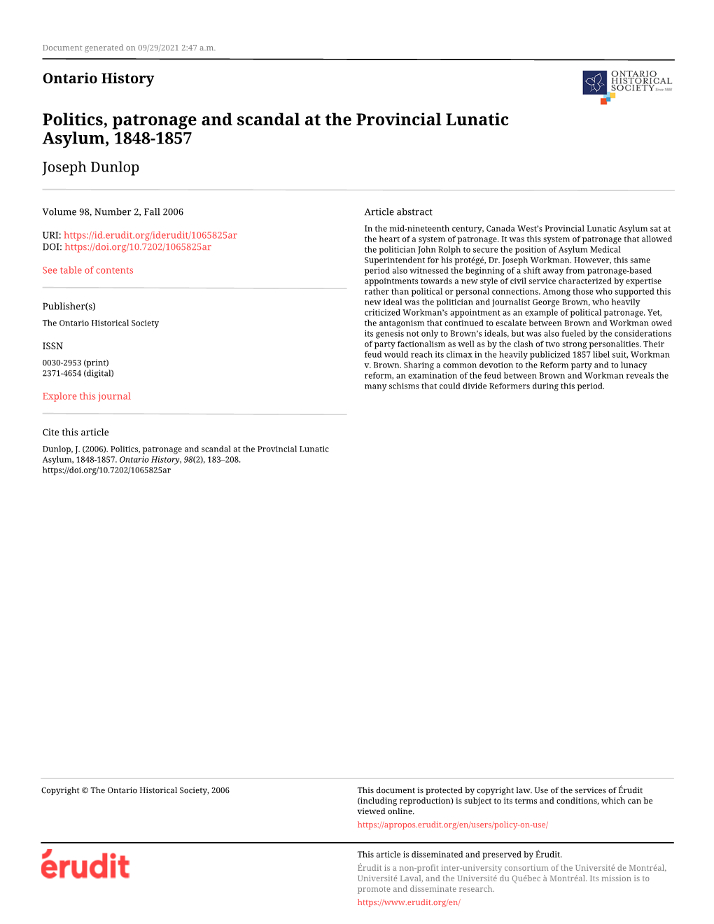 Politics, Patronage and Scandal at the Provincial Lunatic Asylum, 1848-1857 Joseph Dunlop