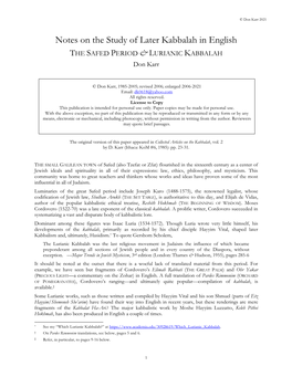 Notes on the Study of Later Kabbalah in English the SAFED PERIOD & LURIANIC KABBALAH Don Karr