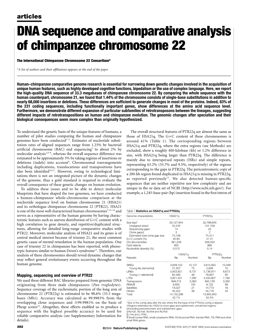DNA Sequence and Comparative Analysis of Chimpanzee Chromosome 22