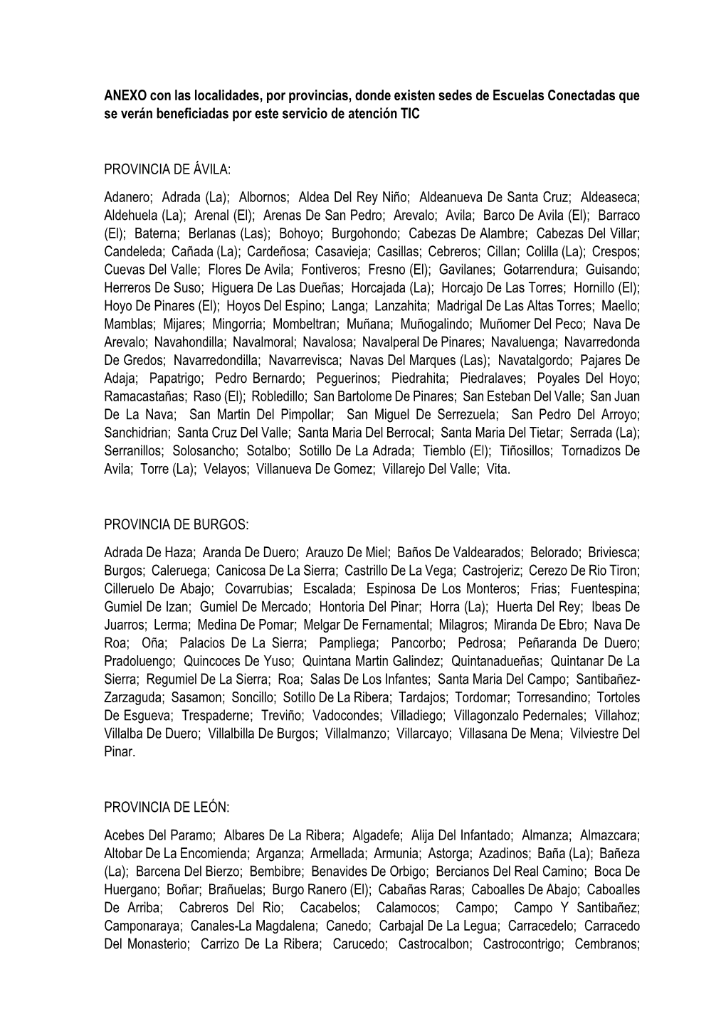 ANEXO Con Las Localidades, Por Provincias, Donde Existen Sedes De Escuelas Conectadas Que Se Verán Beneficiadas Por Este Servicio De Atención TIC