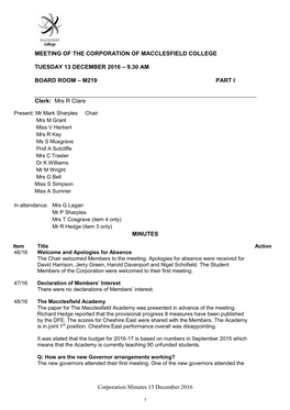 Corporation Minutes 13 December 2016 MEETING of the CORPORATION of MACCLESFIELD COLLEGE TUESDAY 13 DECEMBER 2016 – 9.30 AM