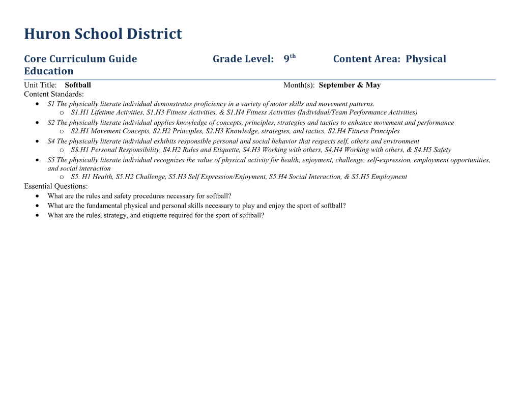 Core Curriculum Guide Grade Level: 9Th Content Area: Physical Education