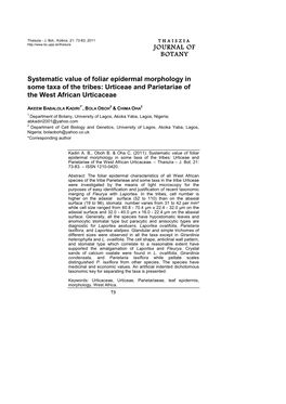 JOURNAL of JOURNAL of BOTANY Systematic Value of Foliar