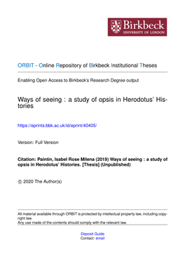 Ways of Seeing : a Study of Opsis in Herodotus' His- Tories