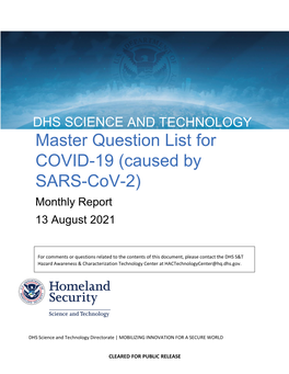 Master Question List for COVID-19 (Caused by SARS-Cov-2) Monthly Report 13 August 2021