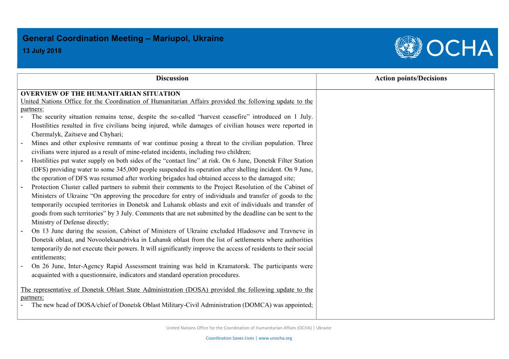 General Coordination Meeting – Mariupol, Ukraine 13 July 2018