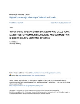 Who's Going to Dance with Somebody Who Calls You a Main Streeter" Communism, Culture, and Community in Sheridan County, Montana, 1918,1934
