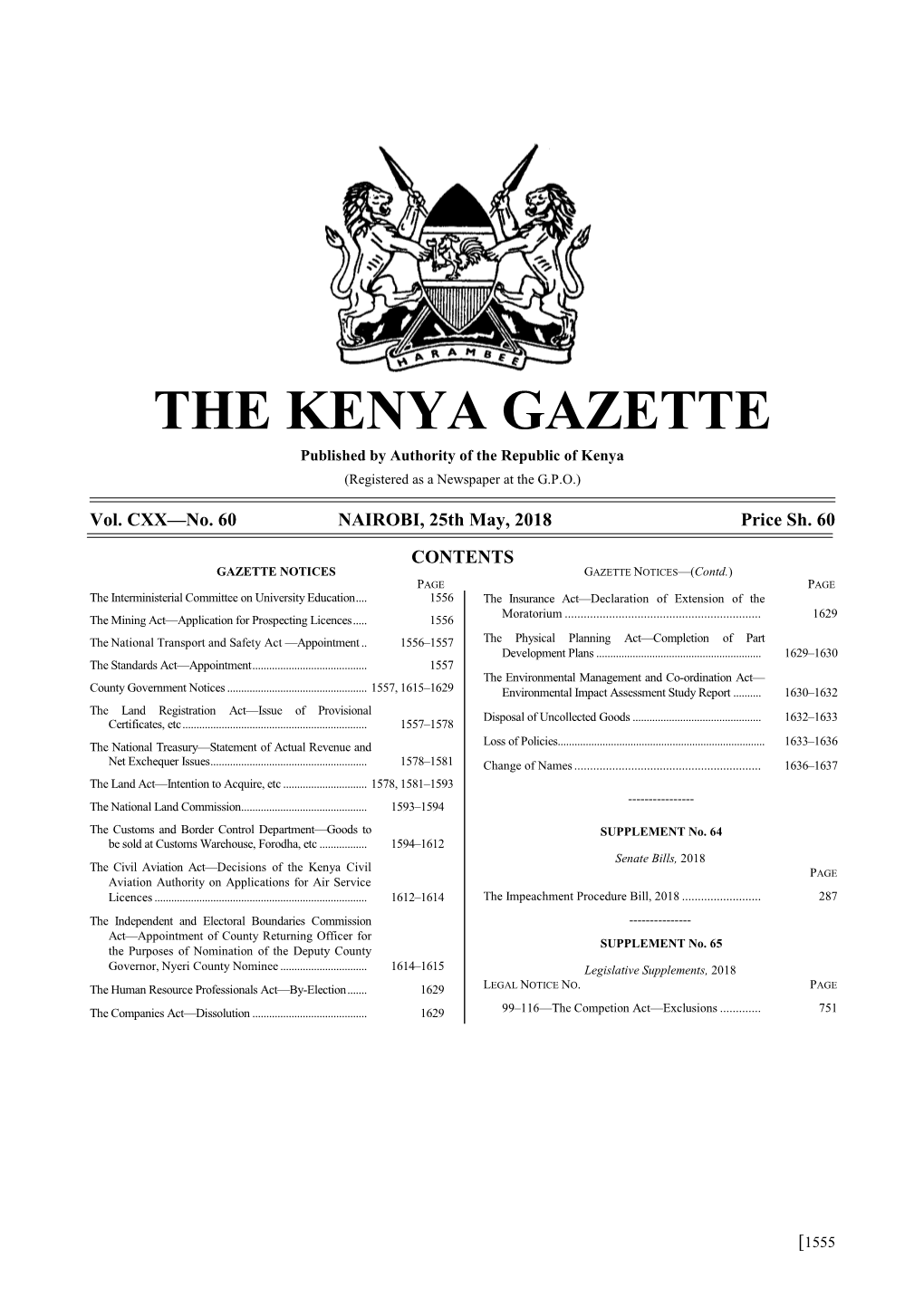 THE KENYA GAZETTE Published by Authority of the Republic of Kenya (Registered As a Newspaper at the G.P.O.)