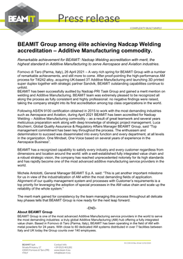 BEAMIT Group Great Achievement Nadcap Welding Accreditation