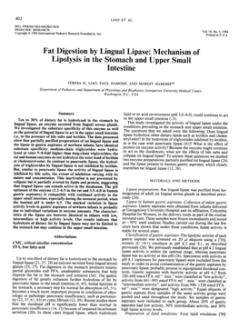 Fat Digestion by Lingual Lipase: Mechanism of Lipolysis in the Stomach and Upper Small Intestine