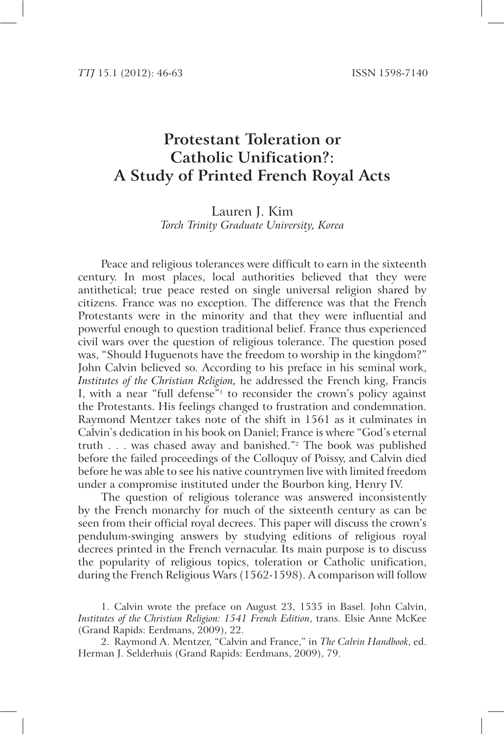 Protestant Toleration Or Catholic Unification?: a Study of Printed French Royal Acts