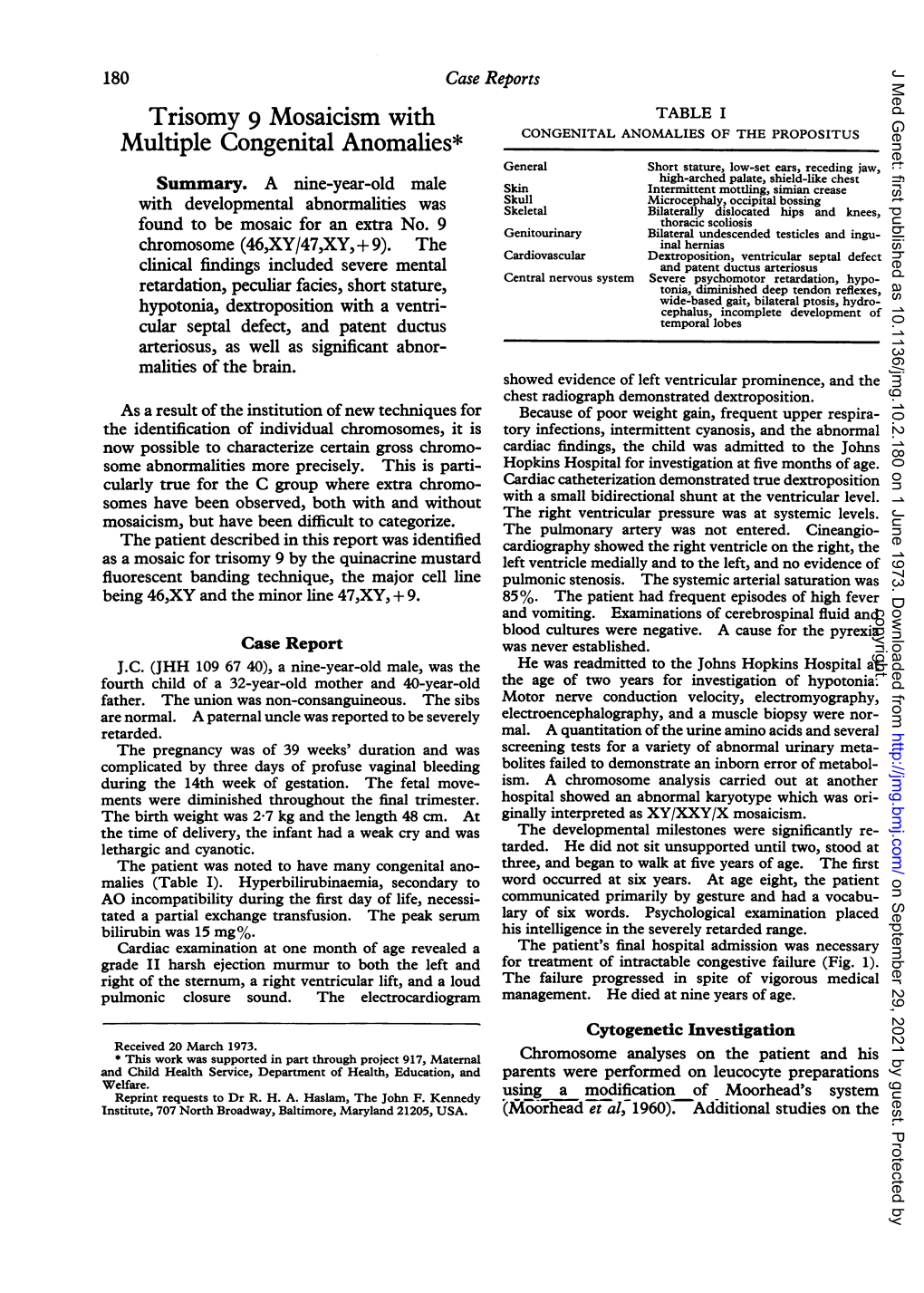 Trisomy 9 Mosaicism with Multiple Congenital Anomalies*