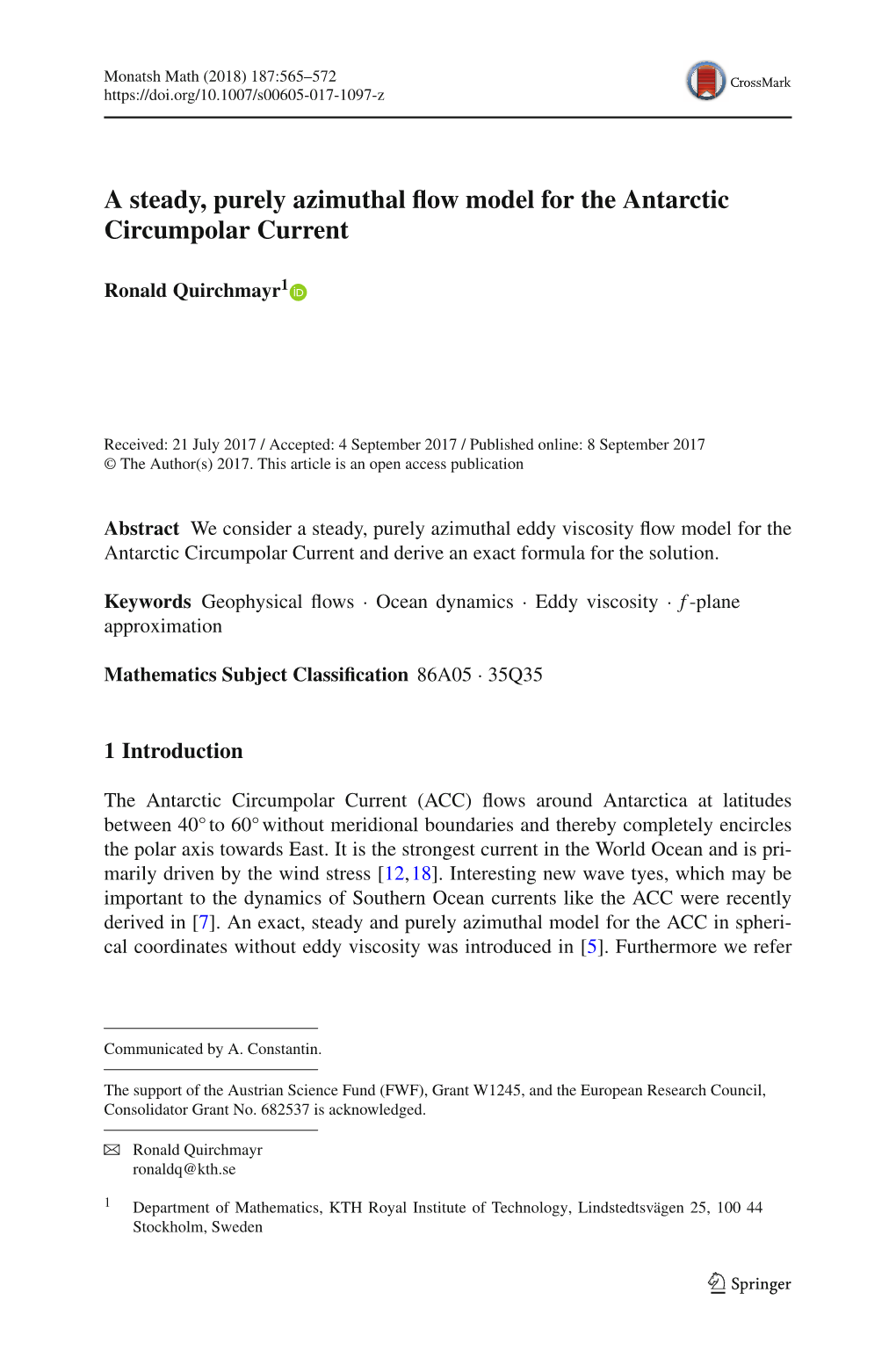 A Steady, Purely Azimuthal Flow Model for the Antarctic Circumpolar Current