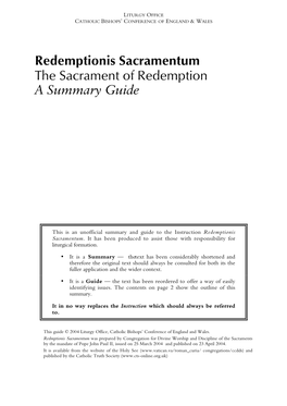 Redemptionis Sacramentum the Sacrament of Redemption a Summary Guide
