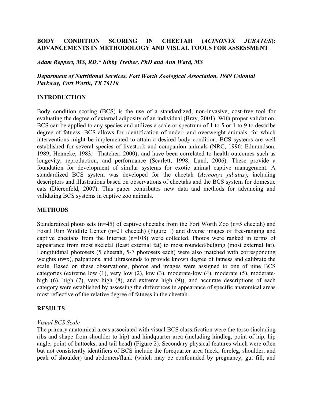 Body Condition Scoring in Cheetah (Acinonyx Jubatus): Advancements in Methodology and Visual Tools for Assessment