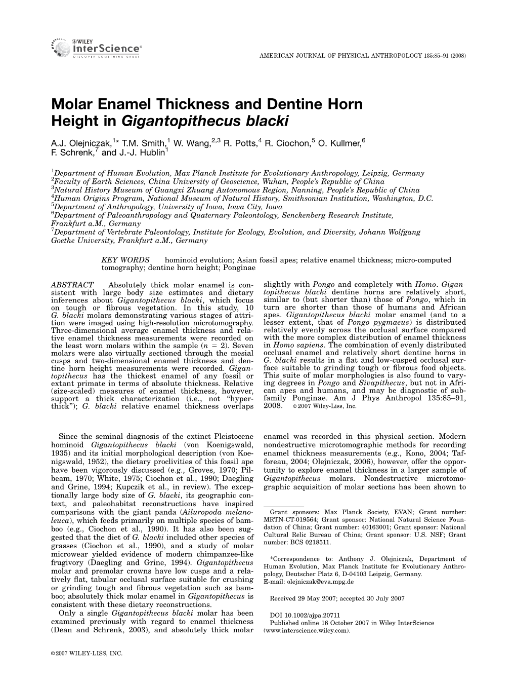 Molar Enamel Thickness and Dentine Horn Height in Gigantopithecus Blacki