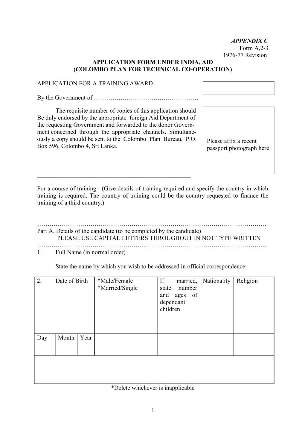 Application Form Under India, Aid