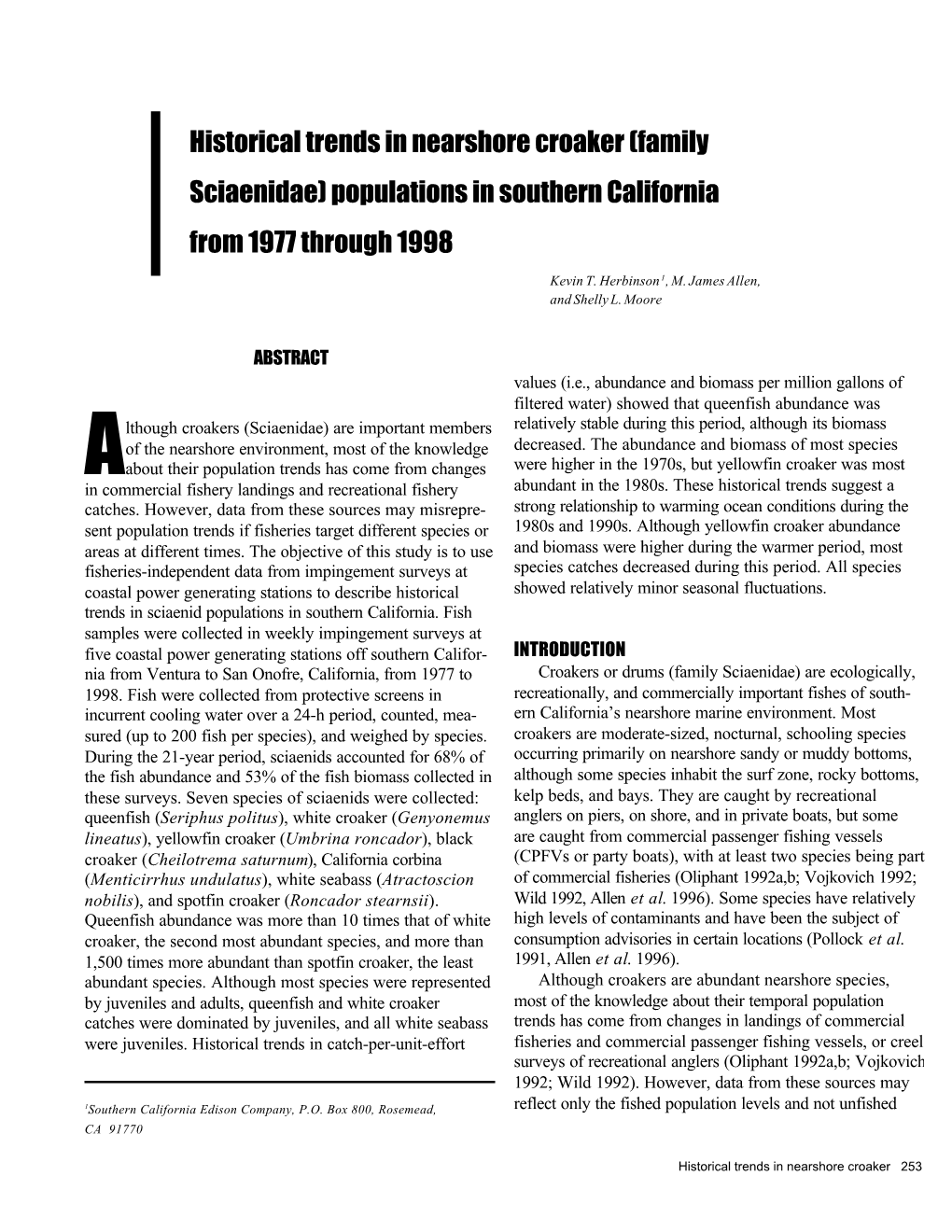 Historical Trends in Nearshore Croaker (Family Sciaenidae) Populations in Southern California from 1977 Through 1998