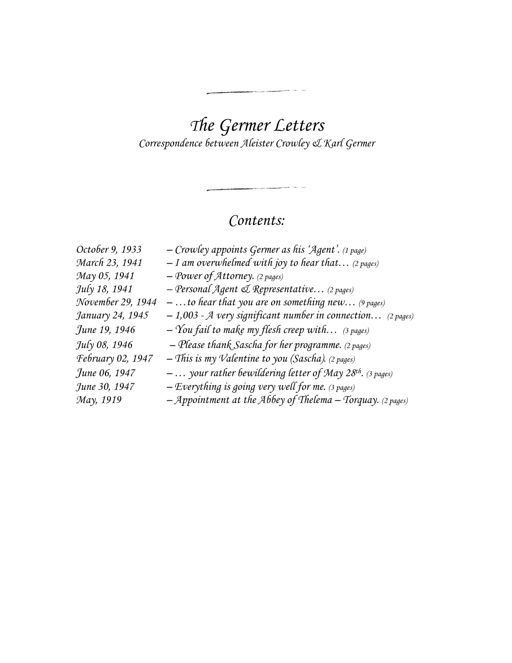 Correspondence Between Aleister Crowley and Karl Germer