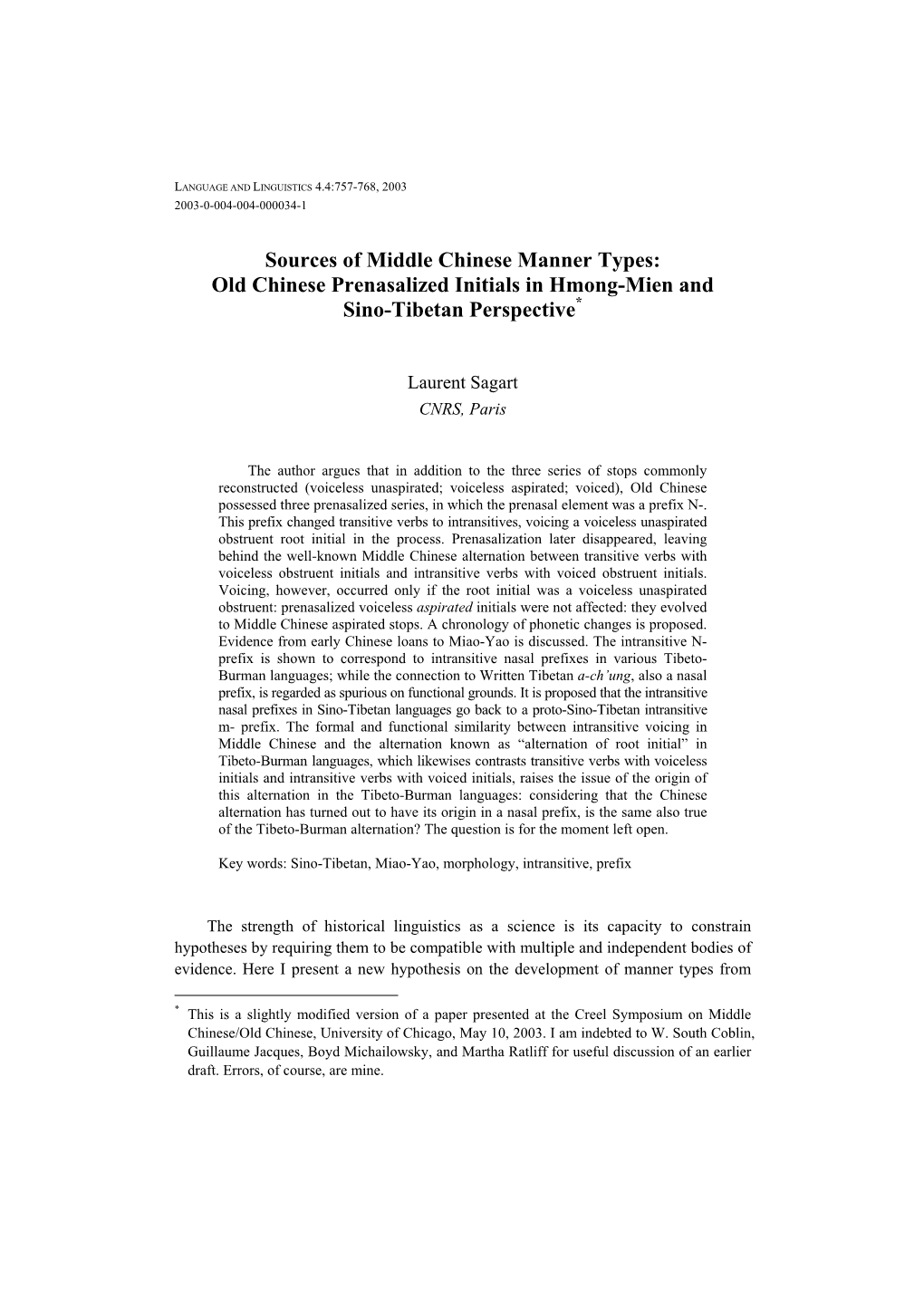 Sources of Middle Chinese Manner Types: Old Chinese Prenasalized Initials in Hmong-Mien and * Sino-Tibetan Perspective