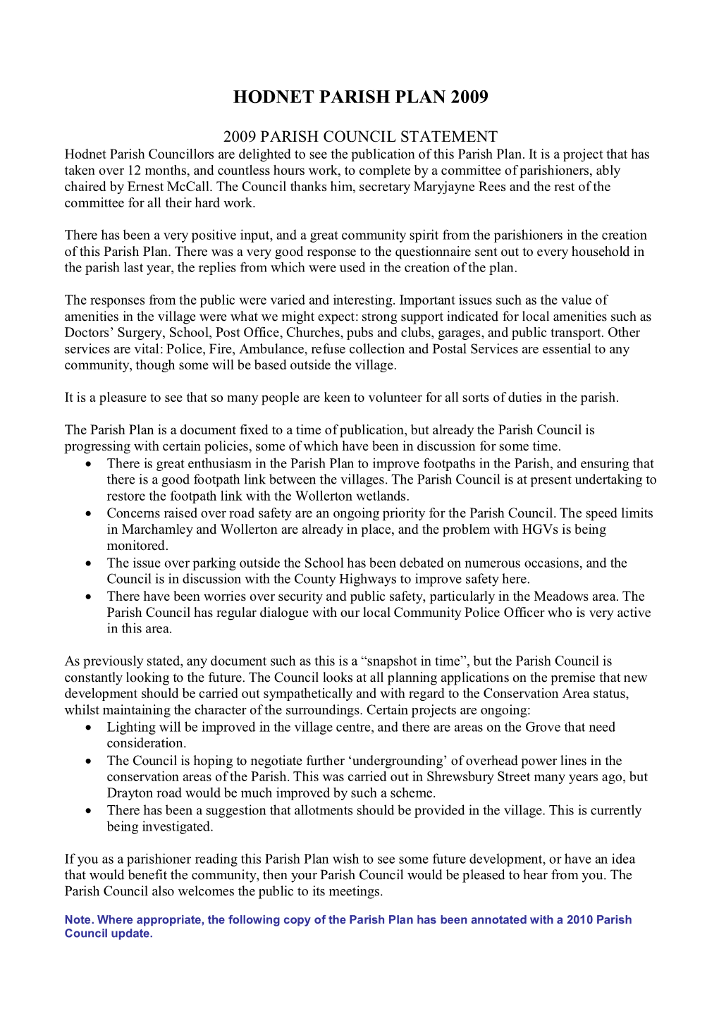 Hodnet Parish Plan 2009