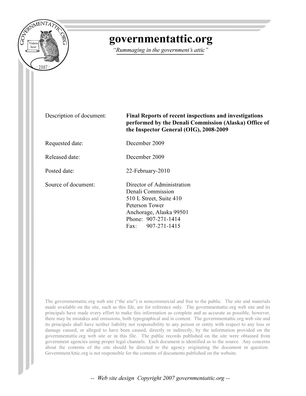 Final Reports of Recent Inspections and Investigations Performed by the Denali Commission (Alaska) Office of the Inspector General (OIG), 2008-2009