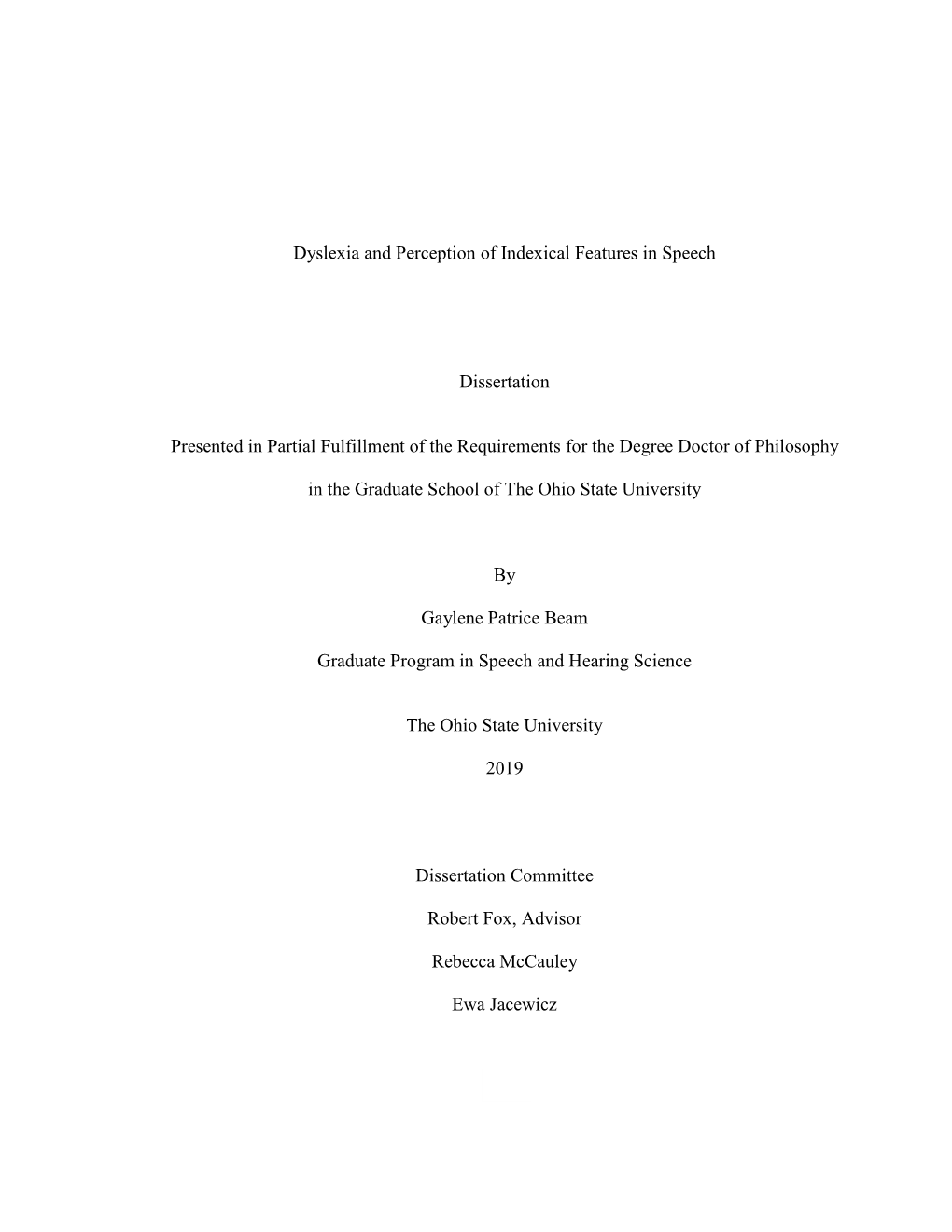 Dyslexia and Perception of Indexical Features in Speech Dissertation