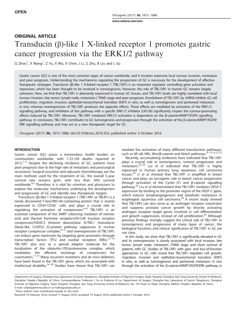 Transducin (Β)-Like 1 X-Linked Receptor 1 Promotes Gastric Cancer Progression Via the ERK1/2 Pathway