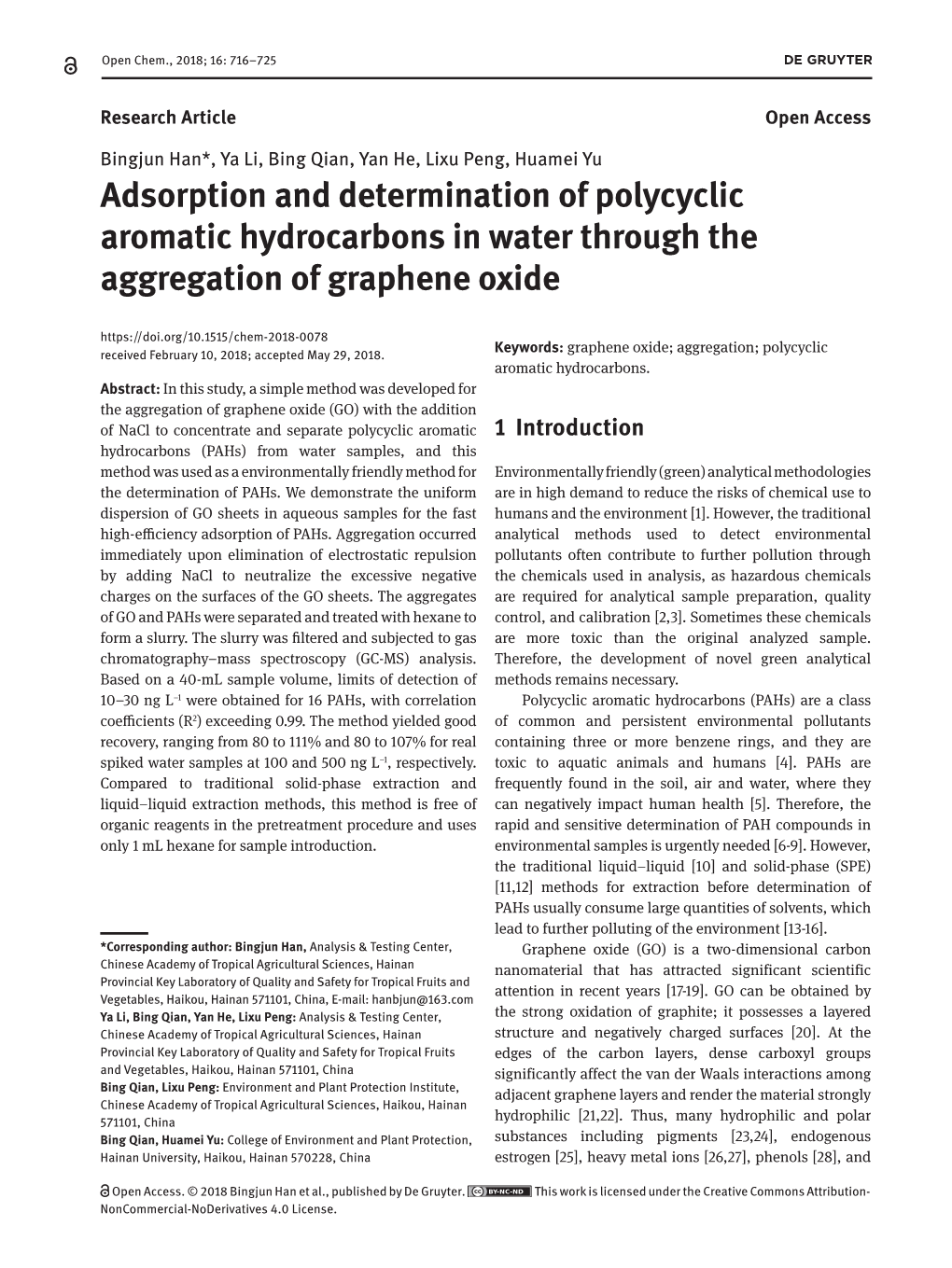 Adsorption and Determination of Polycyclic Aromatic Hydrocarbons in Water Through