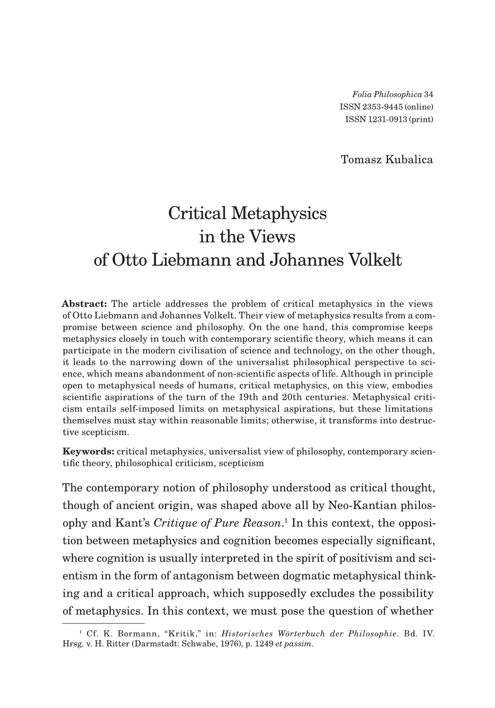 Critical Metaphysics in the Views of Otto Liebmann and Johannes Volkelt