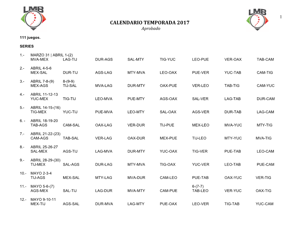 CALENDARIO TEMPORADA 2017 Aprobado