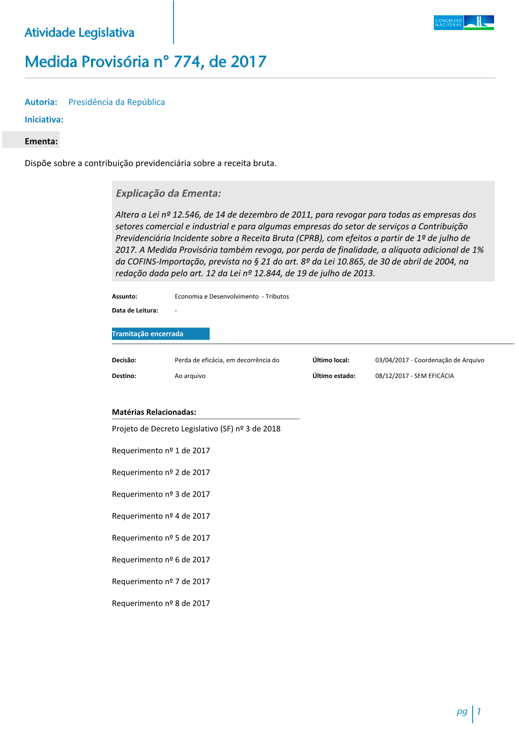 Medida Provisória N° 774, De 2017
