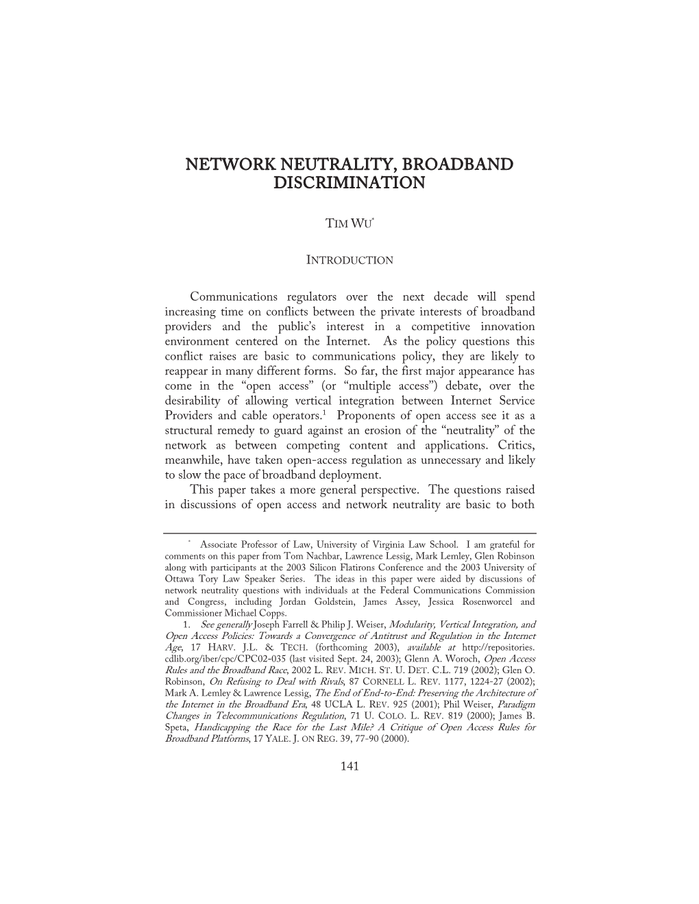 Network Neutrality, Broadband Discrimination