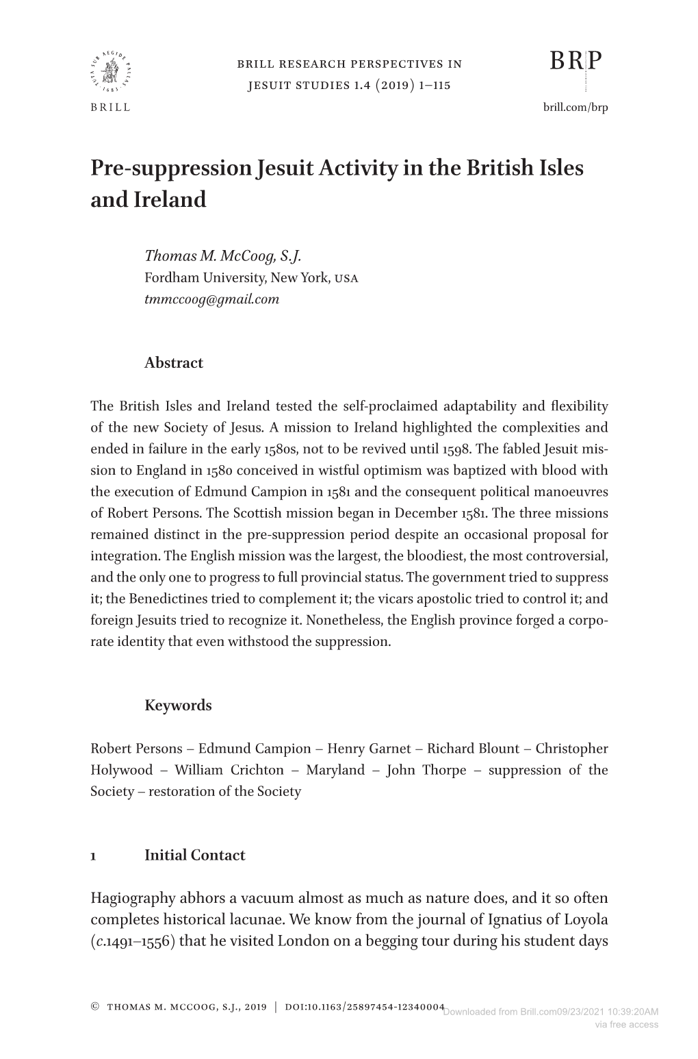 Pre-Suppression Jesuit Activity in the British Isles and Ireland