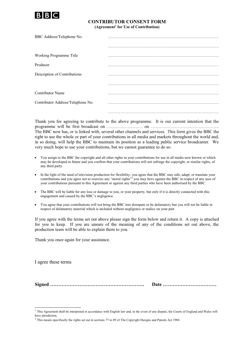 Contributor Consent Form with Amended Moral Rights Clause (With No Fee)