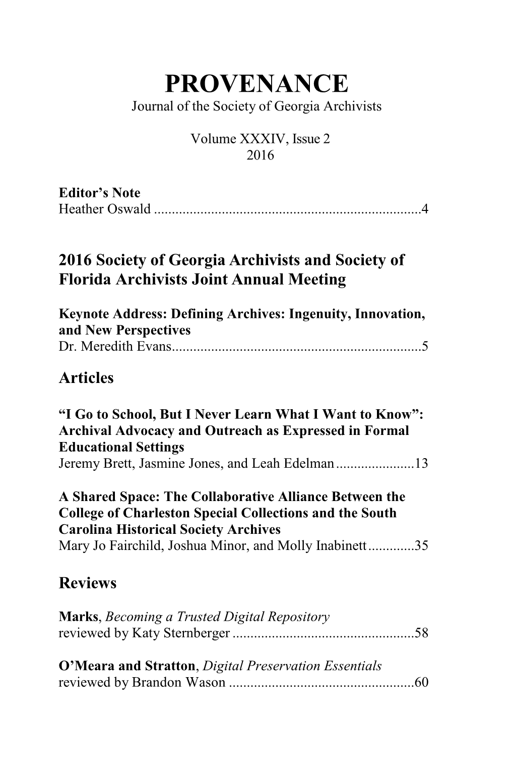 PROVENANCE Journal of the Society of Georgia Archivists