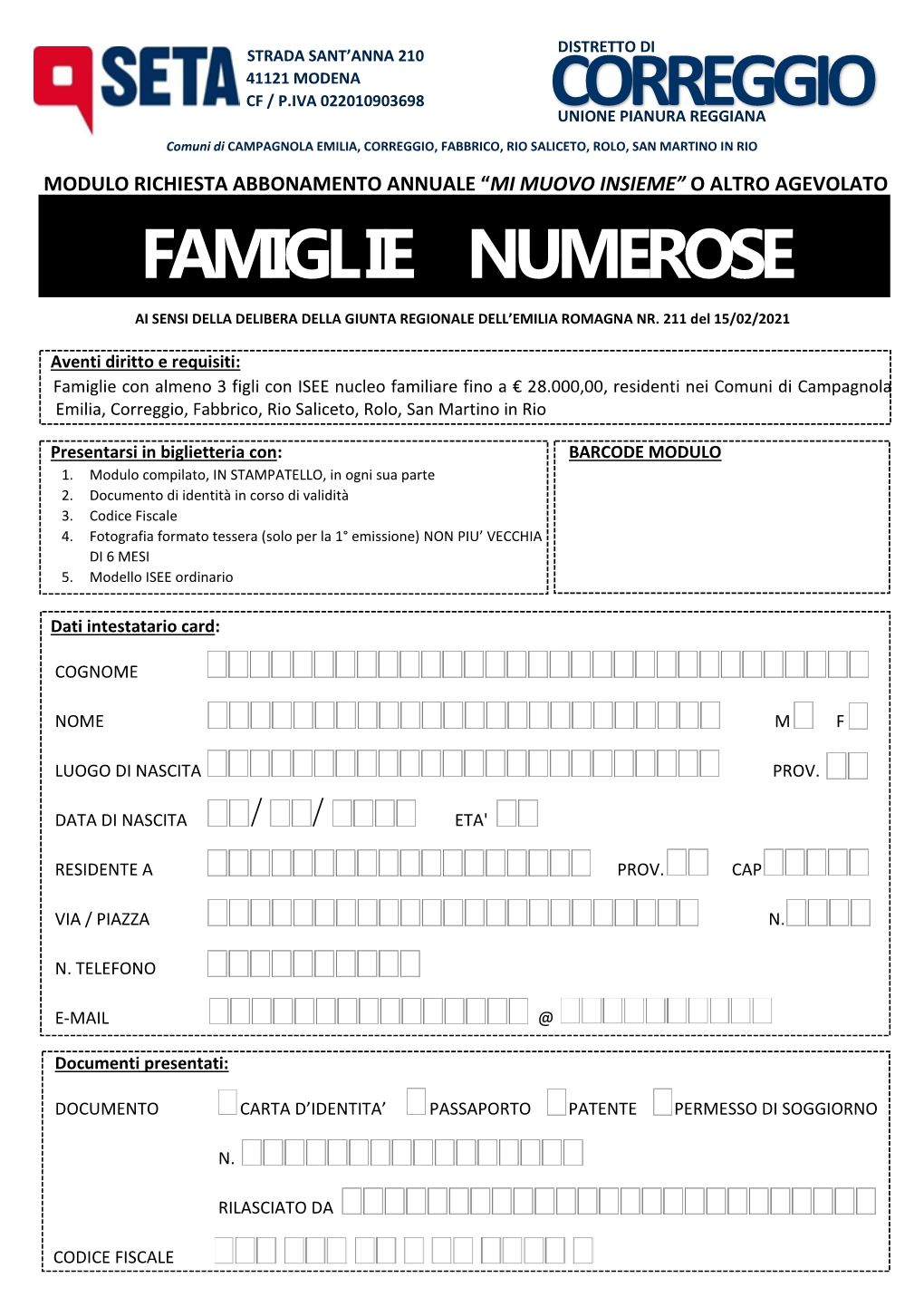 Modulo FAMIGLIE NUMEROSE 2021