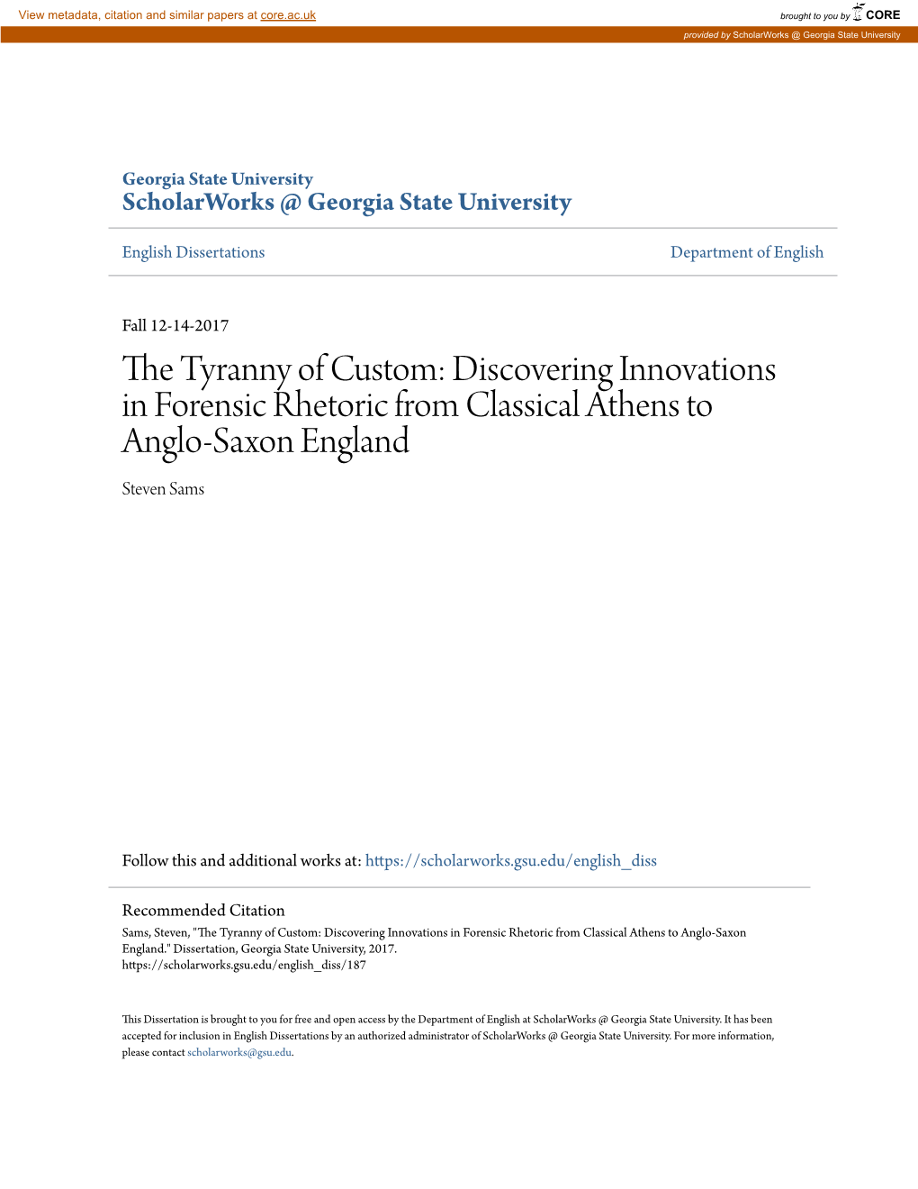 Discovering Innovations in Forensic Rhetoric from Classical Athens to Anglo-Saxon England Steven Sams