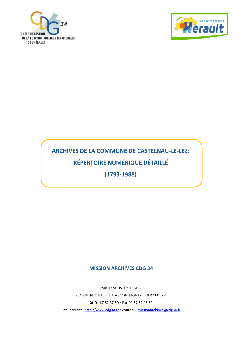 Répertoire Numérique Détaillé Des Archives Communales De Castelnau