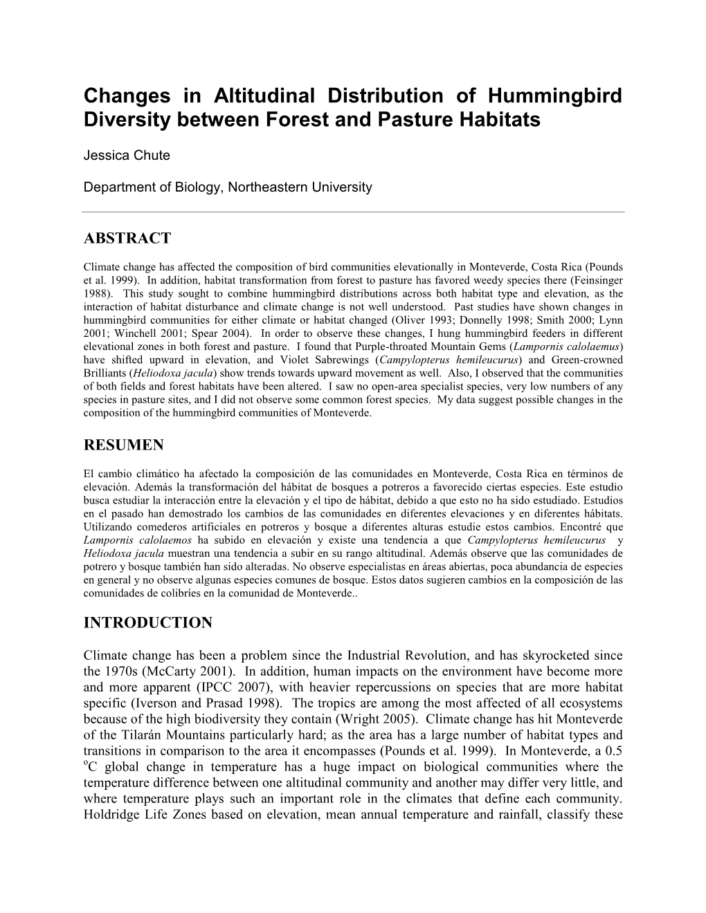 Changes in Altitudinal Distribution of Hummingbird Diversity Between Forest and Pasture Habitats