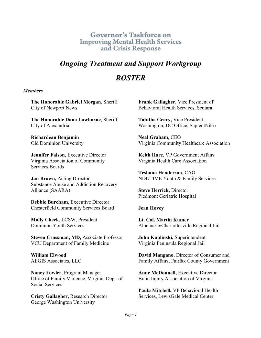 Ongoing Treatment and Support Workgroup ROSTER