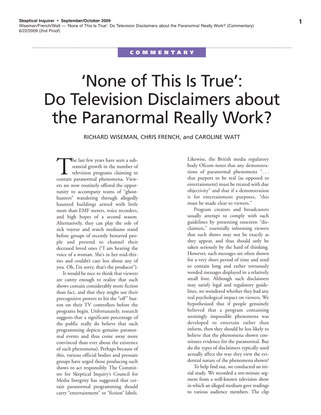 Do Television Disclaimers About the Paranormal Really Work? (Commentary) 6/22/2009 (2Nd Proof)