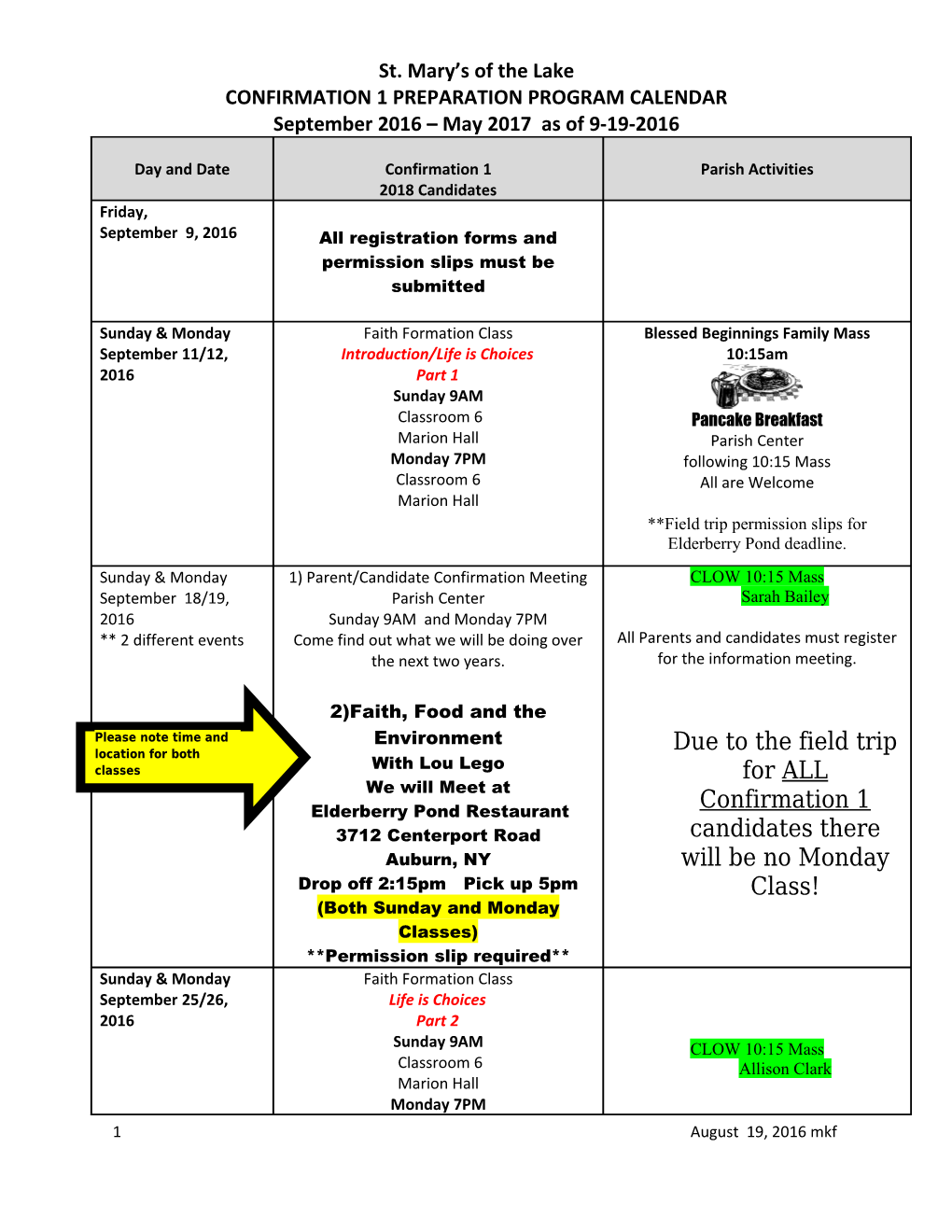 Confirmation 1 Preparation Program Calendar