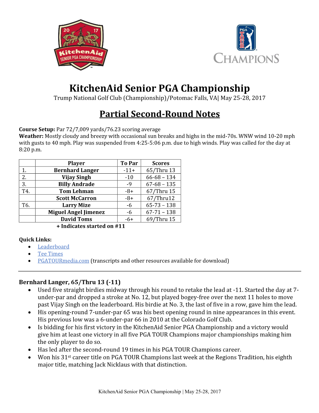Kitchenaid Senior PGA Championship Trump National Golf Club (Championship)/Potomac Falls, VA| May 25-28, 2017