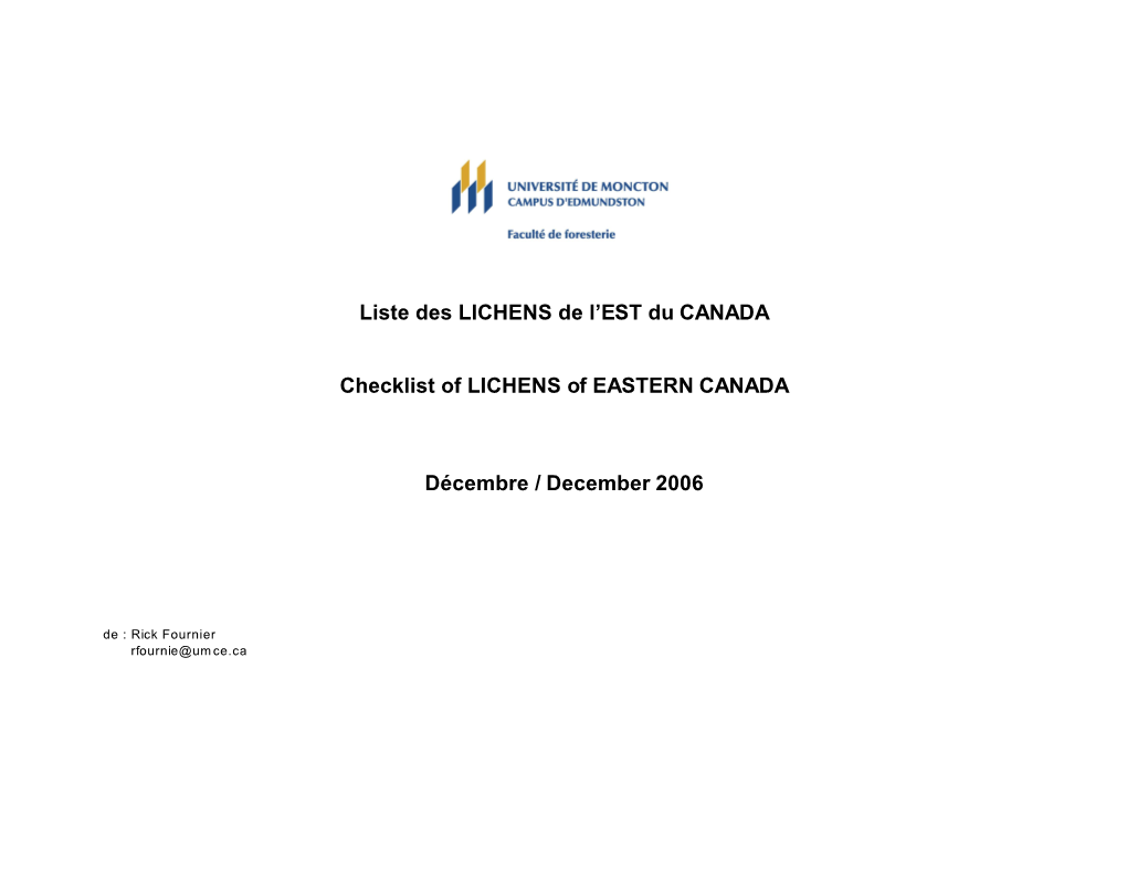 Liste Des LICHENS De L'est Du CANADA Checklist of LICHENS Of
