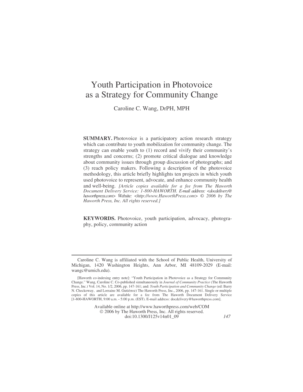 Youth Participation in Photovoice As a Strategy for Community Change