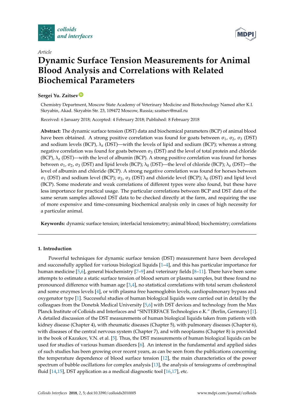 Dynamic Surface Tension Measurements for Animal Blood Analysis and Correlations with Related Biochemical Parameters