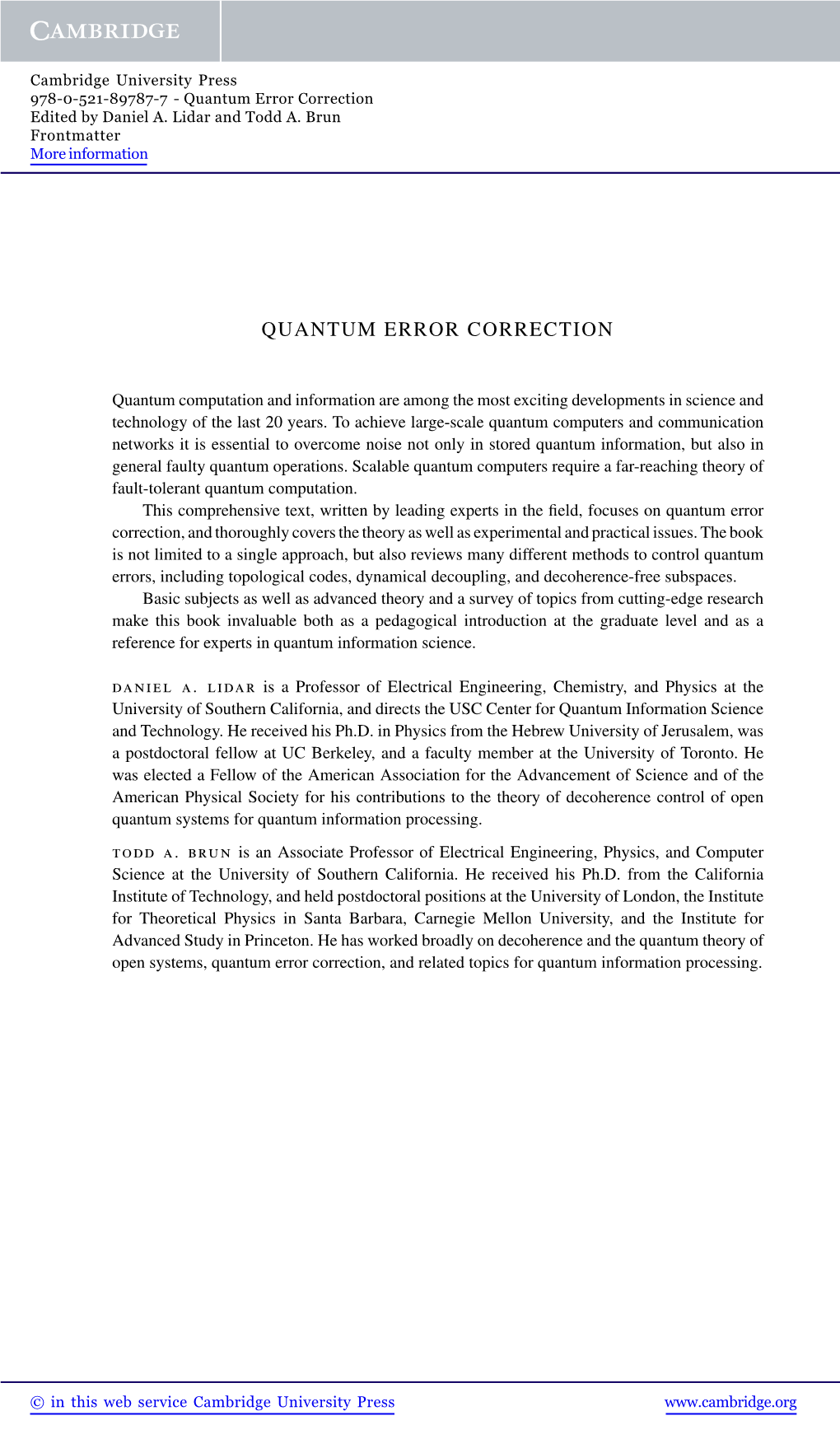 Quantum Error Correction Edited by Daniel A