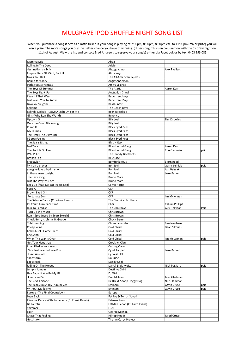 Mulgrave Ipod Shuffle Night Song List